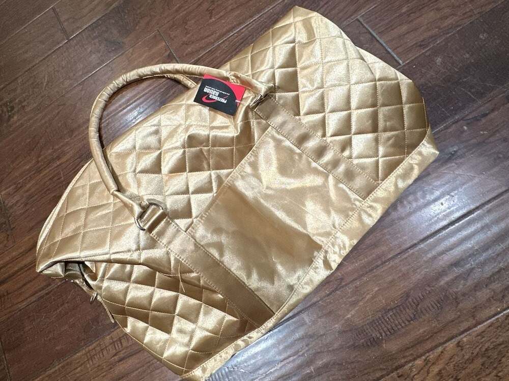 Preferred Nation Gold Quilted Satin Weekender Duffle Bag NWT